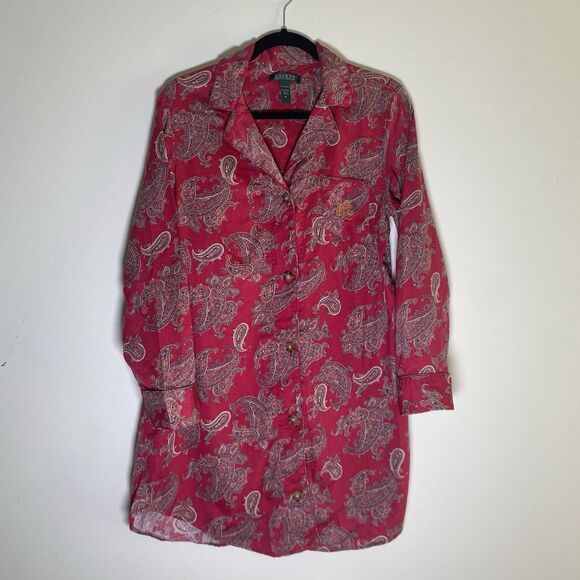 Lauren Ralph Lauren Paisley Print Sleep Shirt Dress Nightgown Red Size M Button - Picture 1 of 9